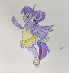 Size: 1403x1481 | Tagged: safe, artist:engi, derpibooru import, twilight sparkle, twilight sparkle (alicorn), alicorn, pony, clothes, costume, female, happy, image, jpeg, open mouth, simple background, solo, spread wings, traditional art, watercolor painting, wings