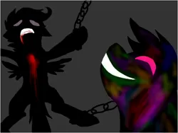 Size: 602x452 | Tagged: grimdark, artist:dragongrrl2003, derpibooru import, rainbow dash, pegasus, pony, fanfic:rainbow factory, bleeding, blood, chained, chains, duo, fanfic art, female, filly, foal, gray background, gritted teeth, image, jpeg, looking up, mare, pegasus device, simple background, smiling, spread wings, teeth, this will end in death, wings
