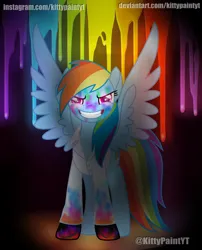 Size: 936x1158 | Tagged: semi-grimdark, artist:kittypaintyt, derpibooru import, rainbow dash, pegasus, pony, fanfic:rainbow factory, 2020, abstract background, blood, blood stains, clothes, fanfic art, female, glow, glowing eyes, gritted teeth, image, lab coat, liquid rainbow, looking at you, png, rainbow blood, rainbow factory dash, smiling, spectra, speedpaint available, spread wings, teeth, wings