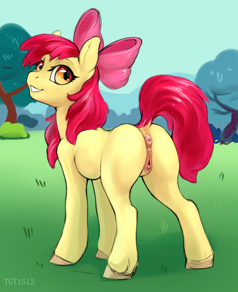 Size: 815x1000 | Tagged: explicit, artist:tgt1512, derpibooru import, apple bloom, earth pony, pony, anus, clitoris, dock, female, filly, foal, foalcon, grin, image, jpeg, looking at you, looking back, looking back at you, nudity, outdoors, presenting, smiling, solo, tail, tree, underage, unshorn fetlocks, vulva, vulvar winking