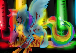 Size: 900x630 | Tagged: semi-grimdark, artist:threeinthemornin, derpibooru import, rainbow dash, scootaloo, pegasus, pony, fanfic:rainbow factory, 2012, abstract background, abuse, bleeding, blood, duo, fanfic art, female, image, jpeg, liquid rainbow, looking at each other, looking at someone, on top, scootabuse, sharp teeth, smiling, spectra, speedpaint available, spread wings, teeth, this will end in death, wings