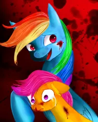 Size: 800x1000 | Tagged: semi-grimdark, artist:keisis, derpibooru import, rainbow dash, scootaloo, pegasus, pony, fanfic:rainbow factory, 2012, abstract background, blood, blood stains, crying, duo, fanfic art, female, filly, foal, frown, image, jpeg, mare, open mouth, raised hoof, sad, smiling