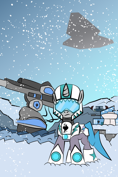 Size: 2194x3300 | Tagged: safe, artist:vareb, derpibooru import, oc, oc:tango starfall, pony, unicorn, armor, armored pony, helmet, image, png, science fiction, ship, snow, snowfall, solo, turret