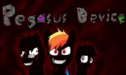 Size: 1280x763 | Tagged: semi-grimdark, artist:arkypony, derpibooru import, rainbow dash, scootaloo, oc, oc:dr.atmosphere, pony, fanfic:pegasus device, fanfic:rainbow factory, 2012, abstract background, english, evil grin, fanfic art, female, filly, foal, glasses, glow, glowing eyes, grin, gritted teeth, image, looking at you, male, mare, messy mane, pegasus device, png, sad, smiling, teeth, trio