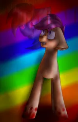 Size: 755x1180 | Tagged: semi-grimdark, artist:enchanted-feline, derpibooru import, scootaloo, pony, fanfic:rainbow factory, 2015, abstract background, blood, blood stains, duo, fanfic art, female, filly, floppy ears, foal, glow, glowing eyes, gritted teeth, image, looking at you, looking up, mare, png, shrunken pupils, smiling, solo focus, teeth