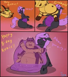 Size: 1758x2000 | Tagged: suggestive, artist:triksa, derpibooru import, surprise, oc, oc:bee berry, oc:runic, bee, changeling, insect, abdominal bulge, acid, belly, big belly, fetish, happy, happy birthday, image, internal, png, simple background, squirming, surprised, translucent belly, transparent belly, transparent flesh, turned head, vore, willing prey, willing vore