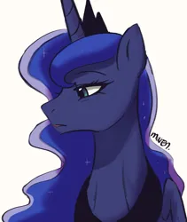 Size: 863x1024 | Tagged: safe, artist:maren, derpibooru import, princess luna, alicorn, pony, bust, colored, doodle, frown, image, jpeg, monochrome, open mouth, peytral, signature, simple background, solo, sternocleidomastoid, white background