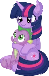 Size: 5920x9115 | Tagged: safe, artist:cyanlightning, derpibooru import, spike, twilight sparkle, alicorn, dragon, pony, .svg available, absurd resolution, duo, female, hug, image, male, mare, motherly love, png, simple background, smiling, transparent background, vector
