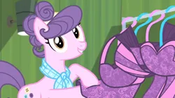 Size: 1280x720 | Tagged: safe, derpibooru import, screencap, suri polomare, earth pony, pony, rarity takes manehattan, clothes, cute, dress, female, image, mare, png, smiling, solo, suribetes