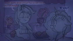 Size: 1202x677 | Tagged: safe, anonymous artist, derpibooru import, series:misty pov, g5, dahlia, duo, flower, food, image, limited palette, looking at each other, looking at someone, misty brightdawn, muffin, png, sketch, steam, unshorn fetlocks, vendor, vendor stall