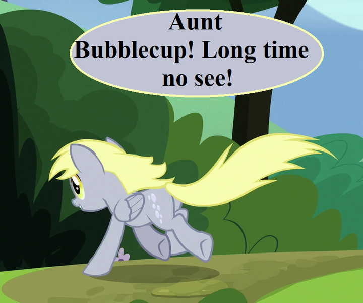 Size: 864x720 | Tagged: safe, derpibooru import, edit, edited screencap, screencap, derpy hooves, pegasus, pony, rock solid friendship, butt, cute, derpabetes, excited, image, implied bubblecup, offscreen character, plot, png, running, speech bubble