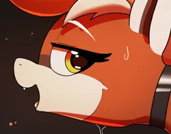Size: 401x314 | Tagged: safe, artist:pabbley, derpibooru import, oc, oc:pandy cyoot, pony, red panda, red panda pony, art pack:shiny plastic, bedroom eyes, close-up, female, image, looking back, mare, open mouth, open smile, png, preview, smiling, solo, solo female, sweat, tack