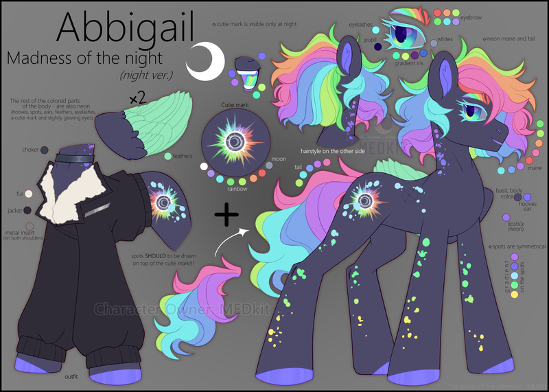 Size: 3500x2500 | Tagged: safe, alternate version, artist:medkit, derpibooru import, oc, oc:abbigail madness of the night, unofficial characters only, pegasus, pony, bust, choker, clothes, colored eyebrows, colored eyelashes, colored hooves, colored lineart, colored pupils, colored wings, crescent moon, cutie mark, dark whites, eyelashes, feather, feathered wings, female, folded wings, full body, fur, glow, glowing eyes, gradient background, gradient iris, high res, image, jacket, lipstick, looking back, makeup, mare, metal insert, moon, mouth, multicolored mane, multicolored tail, neon, neon feather, neon hooves, neon mane, neon rainbow, neon tail, neon wings, open mouth, outfit, owner, owner:medkit, pegasus oc, png, portrait, quadrupedal, rainbow, reference sheet, short mane, short tail, side view, signature, solo, spots, standing, tail, watermark, wings