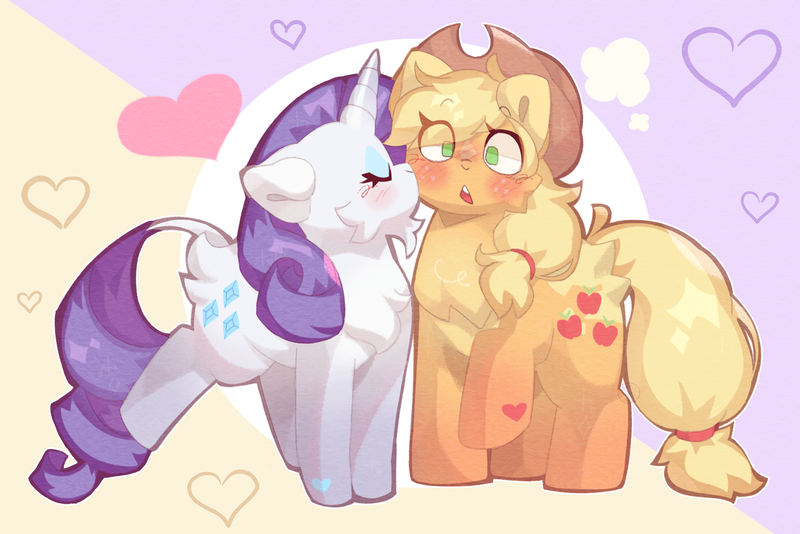 Size: 3415x2279 | Tagged: safe, artist:lumiville, artist:lumivillle, derpibooru import, applejack, rarity, earth pony, pony, unicorn, applejack's hat, blushing, butt fluff, cheek fluff, chest fluff, cowboy hat, cute, eye clipping through hair, eyes closed, female, hat, heart, high res, image, jackabetes, kiss on the cheek, kissing, lesbian, mare, open mouth, png, raised hoof, raised leg, raribetes, rarijack, shipping