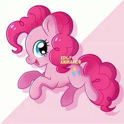 Size: 2700x2700 | Tagged: safe, artist:edgyanimator, derpibooru import, pinkie pie, earth pony, pony, :d, blue eyes, cel shading, chibi, colored lineart, cute, derpibooru exclusive, diapinkes, eyelashes, female, firealpaca, full body, happy, image, jpeg, lineart, looking right, looking sideways, mare, open mouth, open smile, pink, pink background, pink coat, pink fur, pink hair, pink mane, pink tail, raised hoof, raised hooves, shading, signature, simple, simple background, simple shading, smiling, solo, tail