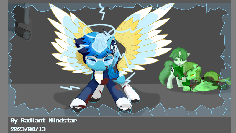 Size: 2560x1440 | Tagged: safe, artist:radiant windstar, derpibooru import, oc, oc:nihaicreeper, oc:pilek, oc:radiant windstar, unofficial characters only, alicorn, hybrid, original species, pegasus, pony, unicorn, alicorn oc, angel, broken glass, clothes, creeper, halo, horn, image, injured, lightning, looking at you, magic, magic aura, magic malfunction, png, scenery, trio, wings