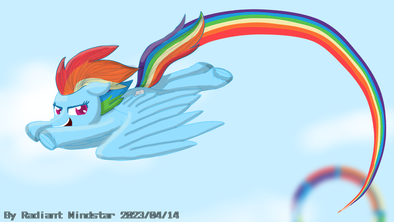 Size: 2560x1440 | Tagged: safe, artist:radiant windstar, derpibooru import, rainbow dash, pegasus, pony, cloud, flying, image, png, rainbow, solo, sonic rainboom, wings