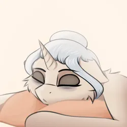 Size: 3500x3500 | Tagged: safe, artist:fuwa, derpibooru import, oc, oc:frosty healing, unofficial characters only, pony, unicorn, art, bed, black eye, eyes closed, female, horn, hug, image, mare, milf, pillow, pillow hug, png, simple background, sleeping, solo, tired, tired eyes, unicorn oc