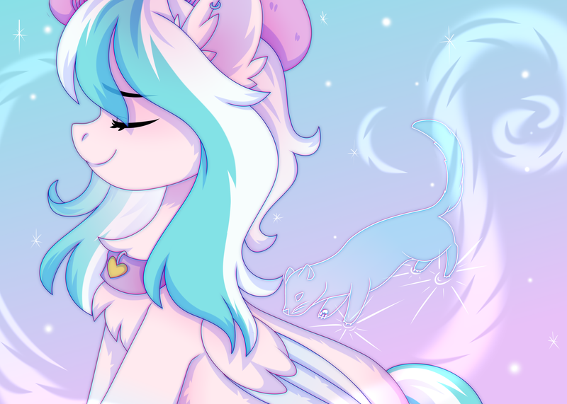 Size: 3500x2500 | Tagged: safe, artist:leah minik, derpibooru import, oc, oc:foxyhollows, unofficial characters only, pegasus, pony, bust, chest fluff, collar, commission, ear fluff, eyebrows, eyebrows visible through hair, eyes closed, female, folded wings, gradient background, hat, image, mare, patronus, pegasus oc, png, profile, smiling, two toned mane, wings, ych result