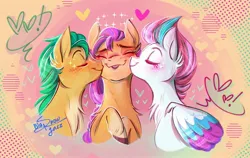 Size: 2647x1674 | Tagged: safe, artist:jazzy_snowflake, derpibooru import, hitch trailblazer, sunny starscout, zipp storm, earth pony, pegasus, pony, female, g5, heart, image, jpeg, kissing, lesbian, male, mare, shipping, signature, stallion, straight, sunnyhitch, sunnyzipp, trio