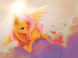 Size: 2224x1668 | Tagged: safe, artist:lususunnatural, derpibooru import, fluttershy, butterfly, insect, pegasus, pony, cloud, cute, female, image, looking at something, lying down, lying on a cloud, mare, on a cloud, one wing out, png, prone, shyabetes, smiling, solo, sunlight, wings