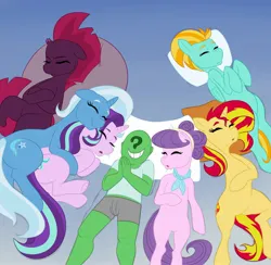 Size: 2000x1951 | Tagged: safe, artist:greenybeanz, derpibooru import, lightning dust, starlight glimmer, sunset shimmer, suri polomare, tempest shadow, trixie, oc, oc:anon, earth pony, human, pegasus, pony, unicorn, bed, female, image, jpeg, male, sleeping