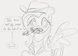 Size: 979x701 | Tagged: safe, artist:dotkwa, derpibooru import, fluttershy, pegasus, pony, cowboy hat, dialogue, female, gray background, grayscale, gun, handgun, hat, image, mare, monochrome, mouth hold, png, revolver, simple background, sketch, solo, speech bubble, spread wings, talking to viewer, weapon, wings