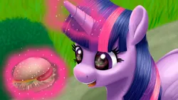 Size: 3840x2160 | Tagged: safe, artist:stellardust, derpibooru import, twilight sparkle, twilight sparkle (alicorn), alicorn, pony, 4k, burger, ear fluff, eyes on the prize, female, food, hay burger, high res, image, magic, mare, open mouth, png, solo, telekinesis, that pony sure does love burgers