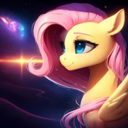 Size: 2560x2560 | Tagged: safe, derpibooru import, machine learning generated, purplesmart.ai, stable diffusion, fluttershy, pony, ear fluff, eyebrows, eyelashes, female, galaxy, image, jpeg, mare, smiling, solo, space, stars