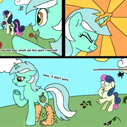 Size: 1280x1280 | Tagged: safe, artist:doodlesinky, derpibooru import, bon bon, derpy hooves, lyra heartstrings, sweetie drops, earth pony, pegasus, pony, unicorn, comic, glow, glowing horn, horn, humie, image, jpeg, magic, screaming