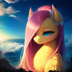 Size: 2560x2560 | Tagged: safe, derpibooru import, editor:nightluna, machine learning generated, purplesmart.ai, stable diffusion, fluttershy, pony, chest fluff, cloud, ear fluff, eyebrows, eyelashes, female, giant pony, image, jpeg, macro, mare, sky, smiling, solo