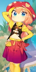 Size: 384x768 | Tagged: safe, artist:star-is-nonbinary, derpibooru import, machine learning generated, sunset shimmer, anime, beach, cute, image, pinegraph, png, shimmerbetes