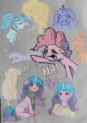 Size: 1450x2048 | Tagged: safe, artist:amazingpuffhair, derpibooru import, applejack, fluttershy, izzy moonbow, moondancer, pinkie pie, sonata dusk, twilight sparkle, earth pony, pony, unicorn, equestria girls, adorkable, clothes, cute, dancerbetes, dork, exclamation point, female, g5, group, ha, image, izzybetes, jpeg, laughing, magic, oof, raspberry, scarf, striped scarf, tongue out