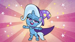 Size: 1920x1080 | Tagged: safe, derpibooru import, screencap, trixie, pony, unicorn, friendship gems, my little pony: pony life, spoiler:pony life s01e12, bipedal, cape, clothes, female, hat, image, mare, png, solo, t pose, trixie's cape, trixie's hat