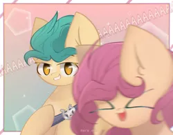 Size: 1010x791 | Tagged: safe, artist:miryelis, derpibooru import, hitch trailblazer, sunny starscout, earth pony, pony, ><, aaaaaaaaaa, duo, duo male and female, eyes closed, female, g5, grin, image, jpeg, male, mare, open mouth, open smile, photobomb, sheriff's badge, smiling, smug, stallion