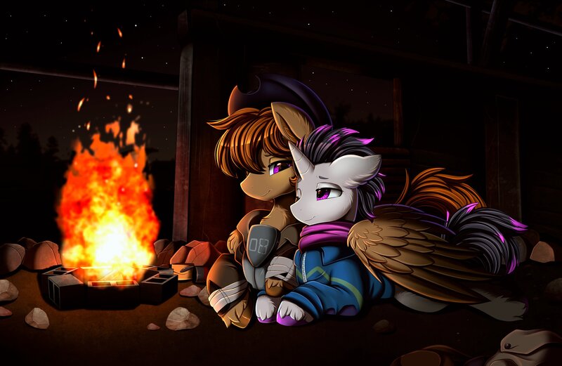 Size: 3617x2357 | Tagged: safe, artist:pridark, derpibooru import, oc, oc:haze rad, oc:talu gana, unofficial characters only, pegasus, pony, unicorn, fallout equestria, clothes, colored hooves, cowboy hat, detailed background, eyebrows, fire, gay, hat, highlights, horn, image, jpeg, jumpsuit, looking at each other, looking at someone, male, mohawk, ncr ranger, night, one ear down, pegasus oc, purple eyes, scarf, smiling, smiling at each other, stetson, taze, unicorn oc, unshorn fetlocks, vault suit, wings