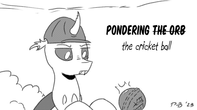 Size: 1200x675 | Tagged: safe, artist:pony-berserker, derpibooru import, oc, oc:berzie, changedling, changeling, changedling oc, changeling hive, changeling oc, clothes, cricket ball, hard hat, hat, image, jpeg, meme, pondering, pondering my orb, pony-berserker's twitter sketches, pony-berserker's twitter sketches (2023)