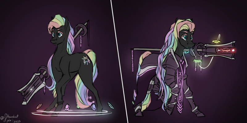 Size: 7000x3500 | Tagged: safe, artist:stardustspix, derpibooru import, oc, oc:kaleidoscope, crystal pony, pony, armor, black coat, cyan eyes, gem, glow, glyph, image, long mane, magic, multicolored hair, png, rainbow hair, solo, staff, telekinesis