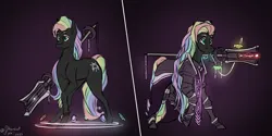 Size: 7000x3500 | Tagged: safe, artist:stardustspix, derpibooru import, oc, oc:kaleidoscope, crystal pony, pony, armor, black coat, cyan eyes, gem, glow, glyph, image, long mane, magic, multicolored hair, png, rainbow hair, solo, staff, telekinesis