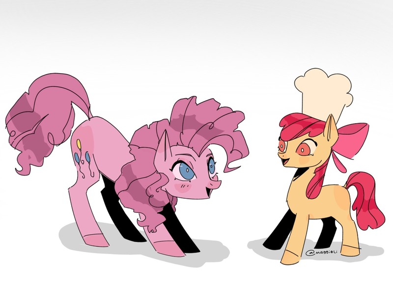 Size: 1280x929 | Tagged: safe, artist:maggie0li, derpibooru import, apple bloom, pinkie pie, earth pony, pony, friendship is witchcraft, chef's hat, female, filly, foal, hat, image, jpeg, mare, simple background, white background