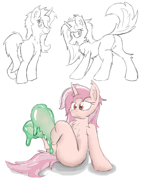 Size: 3161x3999 | Tagged: safe, artist:pzkratzer, derpibooru import, oc, oc:cupid, unicorn, butt, ciel, flockmod, image, looking back, messy, monochrome, plot, png, raised hoof, sitting, slime