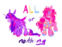 Size: 1280x961 | Tagged: safe, artist:webkinzworldz, derpibooru import, pinkie pie, twilight sparkle, twilight sparkle (alicorn), alicorn, pony, all or nothing, alternate design, asexual pride flag, chin fluff, duo, image, leonine tail, mouthpiece, pansexual pride flag, png, pride, pride flag, reference, tail, twitterina design