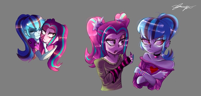 Size: 2203x1053 | Tagged: safe, artist:frezzzypop, derpibooru import, aria blaze, sonata dusk, equestria girls, cute, duo, female, gray background, hug, image, jpeg, signature, simple background, sketch, sketch dump, sonatabetes