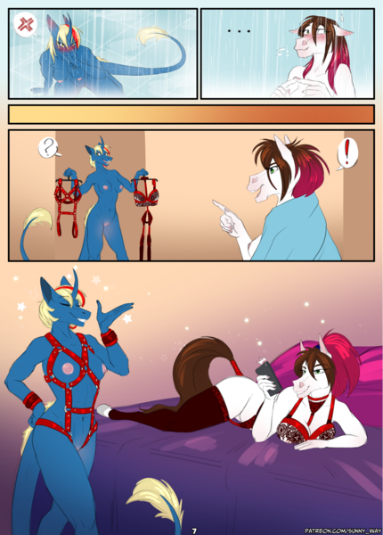 Size: 1147x1600 | Tagged: questionable, artist:sunny way, derpibooru import, anthro, horse, pony, alirfesta, anthro comic, art, artwork, bdsm, bondsge, breasts, chubby, clothes, comic, comic page, digital art, duo, equi, equis universe, exclusive, female, harness, image, kirinaes, lace, lesbian, lingerie, mare, muscles, nipples, nsfw comic, nudity, png, sunny vacation, sunny way, tack, web comic, webcomic