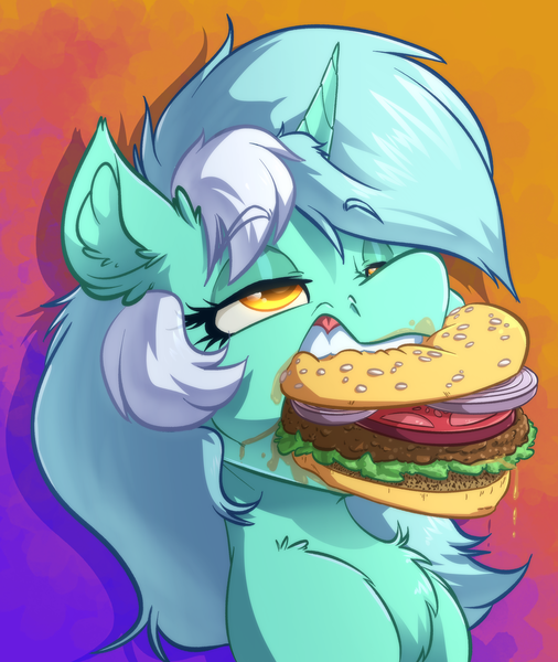 Size: 2625x3115 | Tagged: safe, artist:witchtaunter, derpibooru import, lyra heartstrings, pony, unicorn, biting, burger, chest fluff, ear fluff, eating, eyebrows, eyebrows visible through hair, faic, female, food, gradient background, hamburger, image, l.u.l.s., lettuce, lidded eyes, mare, meat, messy eating, onion, png, ponies eating meat, solo, teeth, tomato
