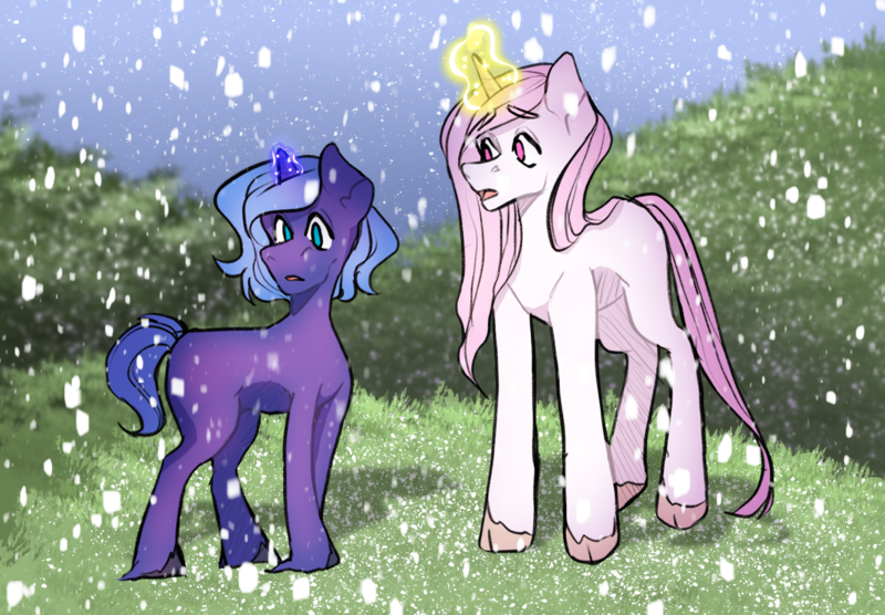 Size: 2360x1640 | Tagged: safe, artist:patheticllamas, derpibooru import, princess celestia, princess luna, pony, unicorn, cloven hooves, duo, female, glow, glowing horn, headcanon, horn, image, magic, mare, png, race swap, royal sisters, siblings, sisters, unicorn celestia, unicorn luna, unshorn fetlocks, younger