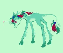 Size: 1280x1069 | Tagged: semi-grimdark, artist:webkinzworldz, derpibooru import, fizzy, classical unicorn, pony, unicorn, blood, blood on horn, cloven hooves, g1, green background, image, leonine tail, png, simple background, solo, unshorn fetlocks