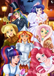 Size: 1000x1414 | Tagged: safe, artist:lord--opal, derpibooru import, applejack, fluttershy, pinkie pie, rainbow dash, rarity, sunset shimmer, twilight sparkle, human, fanfic:long road to friendship, dorothy gale, fanfic art, glenda the good witch, humanized, image, jpeg, mane six, oz, the cowardly lion, the scarecrow, the tinman, the wizard of oz