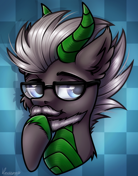 Size: 1827x2333 | Tagged: safe, artist:kruszynka25, derpibooru import, oc, dracony, dragon, hybrid, pony, bust, commission, ear fluff, facial hair, glasses, horns, image, male, png, portrait, simple background, smiling, thinking