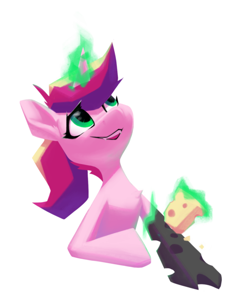 Size: 1242x1597 | Tagged: artist needed, safe, derpibooru import, princess cadance, queen chrysalis, cheese, cheese grater, drawthread, fake cadance, fangs, food, glow, glowing horn, horn, image, looking up, magic, png, simple background, transparent background